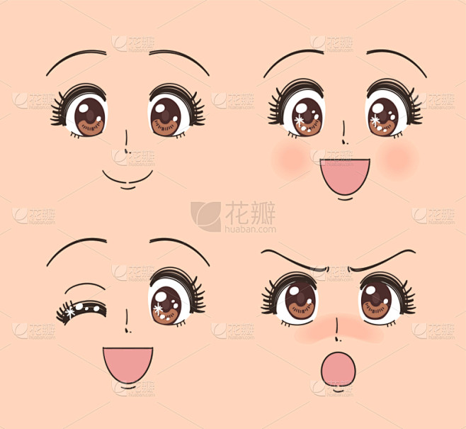 多样,面部表情,似人脸,日本漫画风格,女...