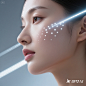 jimeng-2025-05-21-487-高端护肤品广告，女人美丽的脸庞，侧面，低角度拍摄，可以看到微小的灯光透过，面部发光点的逼真特写，象征着激光束，均匀分布在她半张脸上，女孩的皮肤光滑而有光泽，