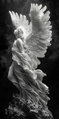 Winged Goddess, White marble sculpture, head up, foot on thorns, black background, sacred, hopeful, full body, Top light, cinematic texture, Sharp contrast between light and shade, HD, High quality,8K, --ar 1:2 --stylize 750