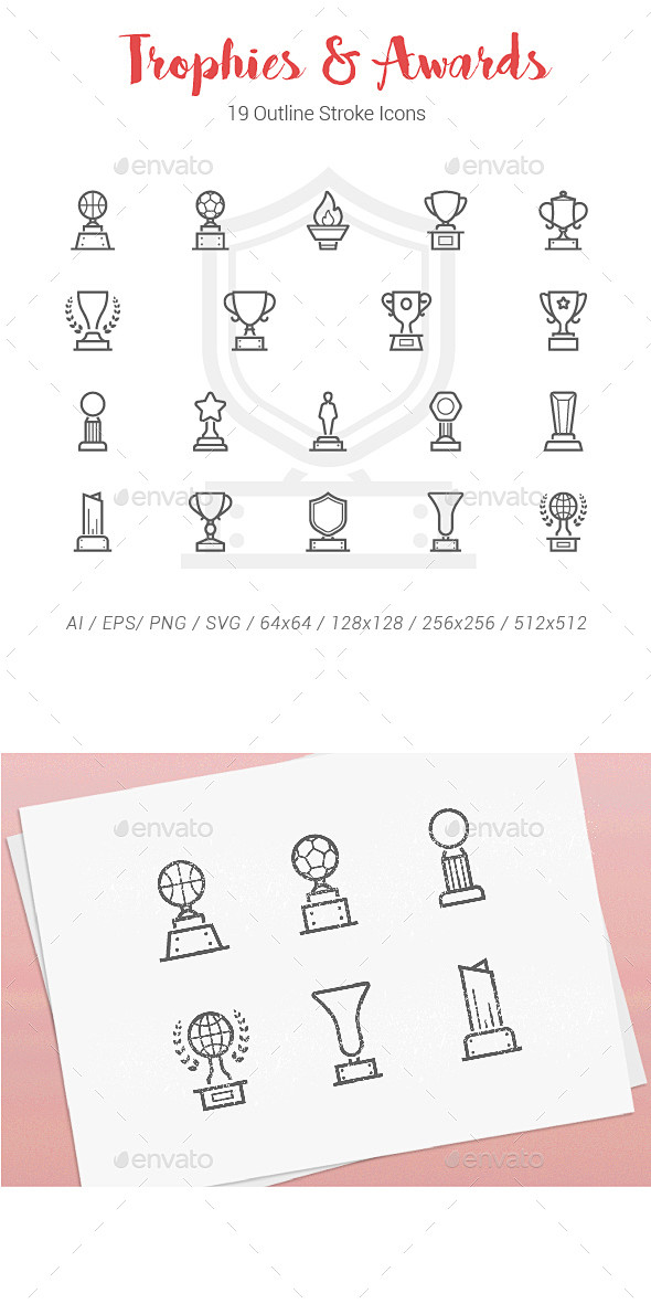 19个冠军奖大纲中风图标,图标对象19 Trophy Award Outline Stroke Icons - Objects Icons奖 ...