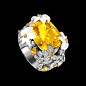 melight Paradise 指环，灵感源自赤素馨，白金及18K黄金，镶衬经雕琢的白玉髓花朵、1颗枕形黄色蓝宝石（约21.94克拉）、5颗梨形黄色蓝宝石（约重1.43克拉）、9颗圆形黄色蓝宝石（约重0.27克拉）、以及140颗圆形美钻（约2.73克拉）以及15颗圆形黄色美钻（约0.07克拉）。