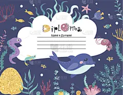 海藻和海生动物证书模板，海藻和海生动物证书背景，供学校、幼儿园、幼儿园使用.