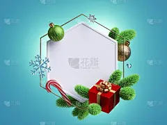 3d渲染，圣诞贺卡模型。六角形框架留白，用云杉枝、玻璃球、红色礼盒和节日装饰品装饰，孤立在蓝色背景上