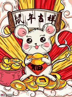 卡通可爱手绘子鼠新年春节2020鼠年插画 节日节气 春节