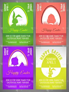 快乐的复活节粉彩颜色矢量插图海报模板集与兔子和鸡在蛋中的剪影