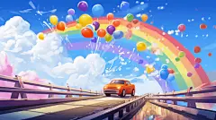 卡通唯美浪漫手绘梦幻风彩虹桥面上的汽车全景简约场景插画壁纸海报