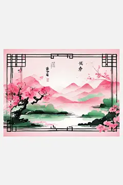 粉绿风景水墨画AI数字艺术-众图网