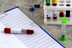 冠状病毒的测试。装有COVID-19病毒血液检测的药瓶。用条形码进行分析。二维码识别和成绩电子注册。