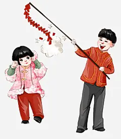 传统春节鞭炮插画高清素材 乡村 兄妹 放鞭炮 民俗风俗 童年 免抠png 设计图片 免费下载
