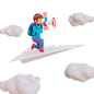 可爱的男孩坐在纸飞机上 3D 插图