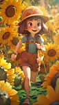 Shy girl wearing a sun hat and short sleeved shorts, bangs, big eyes, carrying a small satchel, character trying, running and hugging movements, full body portrait, Morandi color palette, surrounded by colorful flowers and sunflowers, natural background, 