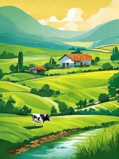 绿色唯美乡村田园奶牛牧场风景插画