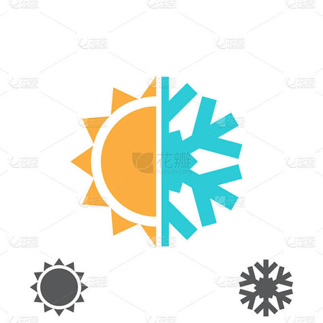 冷热矢量图解。白色的太阳和雪花图标被隔离