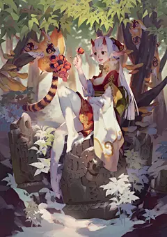 二次元插画 日韩插画 卡牌 日系插画 森林 精灵女 浣熊