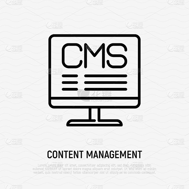 CMS在PC上，内容管理。细线图标。矢量插图。