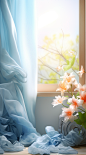 a blue washing machine, in the style of romantic atmosphere, flowing draperies, windows vista, delicate flowers, solarization, light orange and white, soft focal points