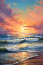 大海阳光夕阳油画风海边晚霞风景插画图片