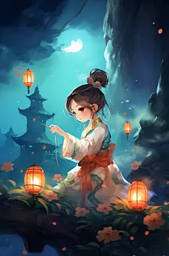 AI数字艺术中国风女孩玉兔中秋节插画
