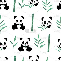 以熊猫、竹子为背景的可爱的狩猎背景。向量图为背景、壁纸、框架的无缝模式。包括野生和免费的措辞。可编辑