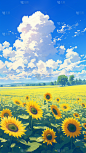 植物动漫风插画向日葵蓝天白云场景背景图片素材