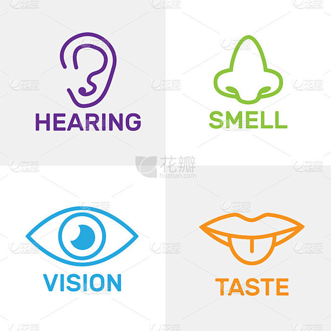 一组代表五种感觉的图标。视觉，嗅觉，听觉，触觉，味觉矢量图标