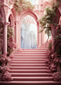 pink stairs with plants and tree top, in the style of sci-fi baroque, luxurious textures, arched doorways, light red and light cyan, vibrant stage backdrops, rococo elegance, realistic landscapes with soft, tonal colors