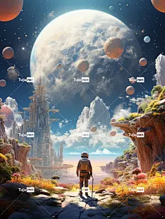 宇宙、宇航员、宇宙飞船、行星等事物的3D插图，以生动的插图风