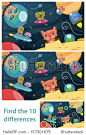 Two different versions of vector illustrations of an extraterrestrial space scene with aliens and space ships for kids to find the 10 differences in the puzzle between the two