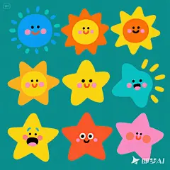 jimeng-2025-05-06-1042-可爱卡通彩色手绘简笔画，各种搞怪的表情的小太阳、小星星合集，撞色鲜艳，图案完整