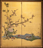 Japanese Screen: Peony, Plum and Bamboo with Wood Ducks on Gold Silk: 