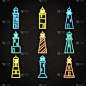 灯塔楼,霓虹灯,图标集,高雅,海港,船,海岸线,建筑,方向,发光