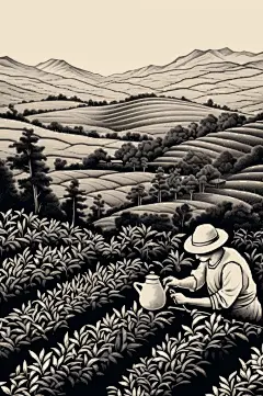 AI数字艺术复古铜版画茶园茶叶插画-众图网