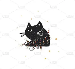 手绘矢量抽象有趣的圣诞时光卡通涂鸦乡村节日插画图标与可爱的假日黑猫灯花环在白色背景上隔离
