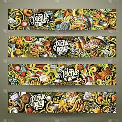 卡通矢量野餐涂鸦垂直横幅