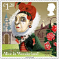 为庆祝英国作家刘易斯·卡罗尔（Lewis Caroll）的童话出版150周年，英国皇家邮政与著名插画家Grahame Baker-Smith合作，推出了《爱丽丝梦游仙境》邮票。这个童话故事已经不是第一次出现在英国邮票上了，早在1979年7月，为庆祝国际儿童年，就推出过一张面值为13便士的邮票。（最后一张）