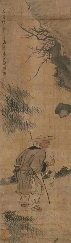 罗聘——《渔翁得利》立轴欣赏  |  
清|罗聘(1733-1799)，&quot;扬州八怪&quot;之一。字遯夫，号两峰，又号衣云、花之寺僧、金牛山人、师莲老人等。祖籍安徽歙县，后迁扬州。为金农入室弟子，人物、佛像、山水、花果、梅、兰、竹等，无所不工，笔调奇创，超逸不群，别具一格。妻方婉仪，字白莲，亦擅画梅兰竹石，并工于诗。子允绍、允缵，均善画梅，人称&quot;罗家梅派&quot;。