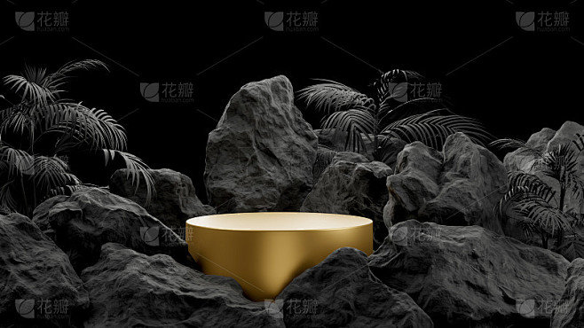 黄金裙台圆柱体与岩石产品展示在黑色背景，...