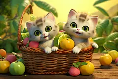 两只小猫咪坐在水果篮子里的插画