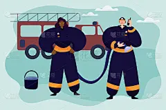 不同种族的消防员在工作。Multinationality。