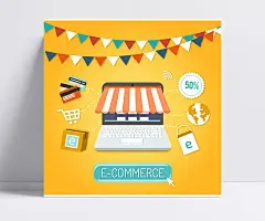 创意电子商务插画矢量素材|三角拉旗,电脑,商铺,互联网,电子商务,信用卡,箱子,购物车,地球,折扣,网店,图标,支付,鼠标箭头,矢量图,AI格式,含JPG预览图