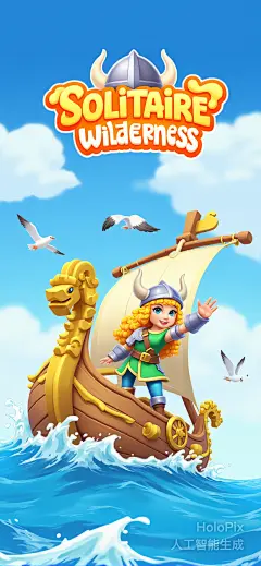 年轻女孩，白皙皮肤，金色长卷发，微笑。身穿绿色束腰外衣、蓝色紧身裤、白色肩甲、金色腰带且头戴有角头盔（维京风格），像北欧女战士。站在船头为龙头、船尾为龙尾且有金色轮子的大木船上，在蓝色大海中航行。女孩表情欢快且挥手。背景蓝天、白云，两只海鸥飞过，图像顶部中间有“Solitaire Wilderness”橙色大字标识。