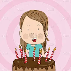 可爱的小女孩开心地笑着，庆祝生日，生日巧克力蛋糕和七根蜡烛前她的手绘漫画插画