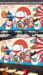 日式和风招财猫图案墙纸寿司料理店背景