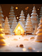 A little house in the snowy forest, in the style of light gold and amber, luminous 3d objects, uhd image, xmaspunk, pictorial space, light gold and light amber