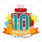 模板10周年祝贺，贺卡蛋糕，礼盒，烟花和丝带邀请矢量插图