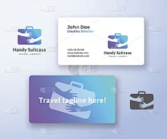 便利的手提箱旅行社抽象矢量标志，符号或模板和名片。创造性的固定布局。游客的行李在手中负空间概念