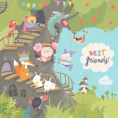 可爱的,动物,树屋,女孩,小屋,云,小的,鸟类,童话故事,兔子