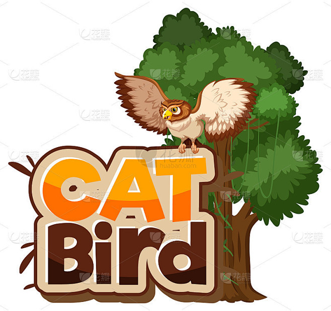 猫鸟字体旗帜与猫头鹰卡通人物隔离