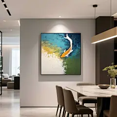 《家有余》锦鲤鱼餐厅装饰画大芬村手绘油画高级大气方形客厅壁画-淘宝网
