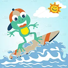 cute frog cartoon surfing at summer
